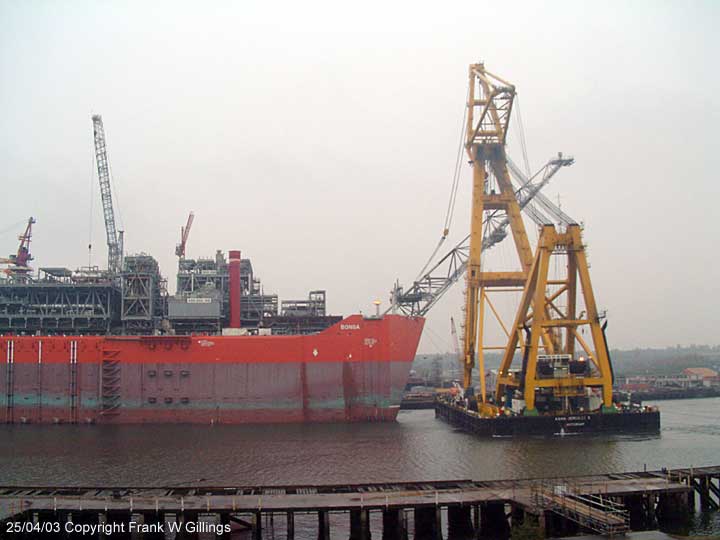 Asian Hercules II and the Bonga on the River Tyne. Fitting the flare boom