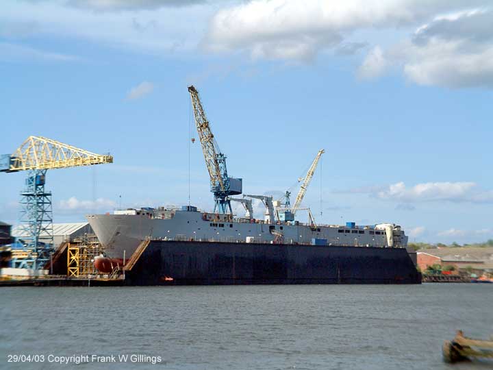 Royal Fleet Auxiliary Landing ship vessel Largs Bay on the river Tyne during in the construction. 