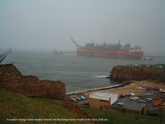 The Bonga almost out of the Tyne battered by sudden wind and rain.