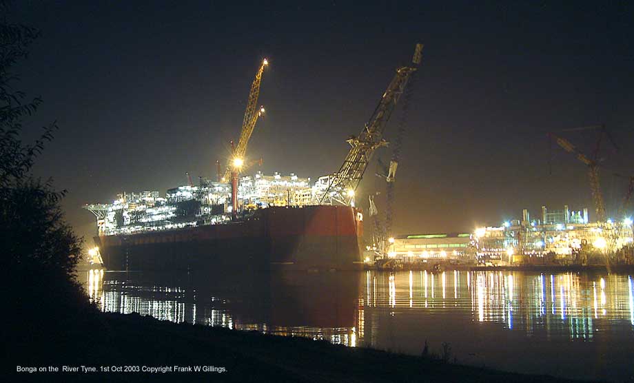 The completed Bonga. Bathed by a chorus of light in the  night on the Tyne. 1st October 2003