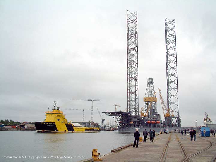 The massive Rowan Gorilla VII oil rig drilling platform upgraded, prepares to leave the river Tyne UK 5 July 2003