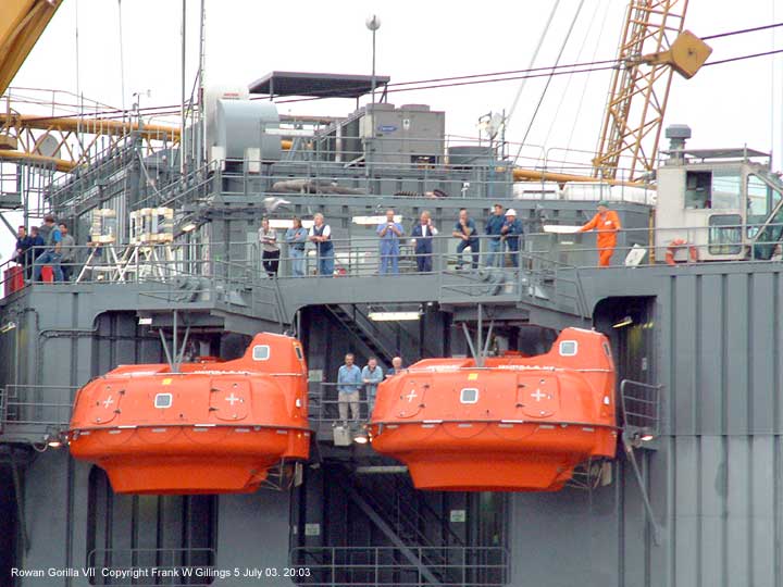 The massive Rowan Gorilla VII oil rig drilling platform upgraded, prepares to leave the river Tyne UK 5 July 2003