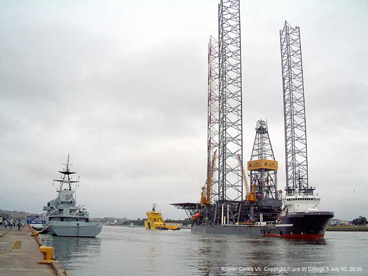 The massive Rowan Gorilla VII oil rig drilling platform upgraded, prepares to leave the river Tyne UK 5 July 2003