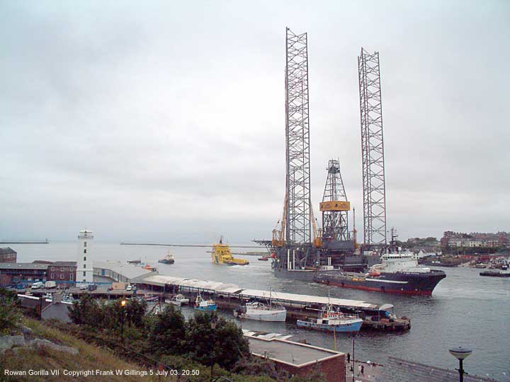 The massive Rowan Gorilla VII oil rig drilling platform upgraded, prepares to leave the river Tyne UK 5 July 2003