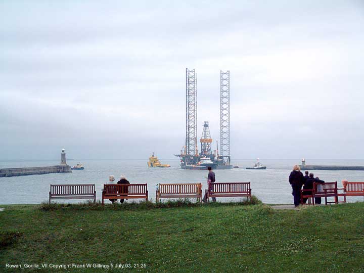 The massive Rowan Gorilla VII oil rig drilling platform upgraded, prepares to leave the river Tyne UK 5 July 2003