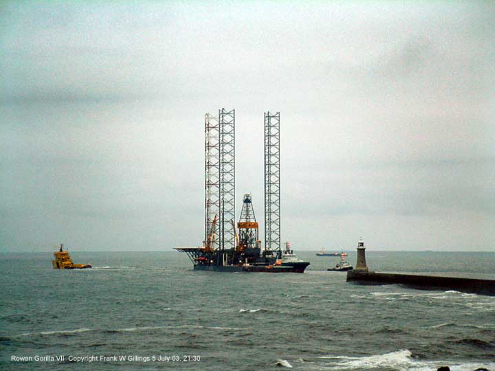 The massive Rowan Gorilla VII oil rig drilling platform upgraded, prepares to leave the river Tyne UK 5 July 2003